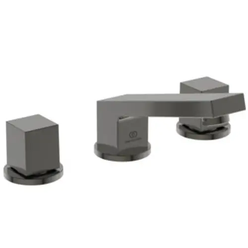Waschtischarmatur in Magnetic Grey von Ideal Standard, bestehend aus einem mittleren Auslauf und zwei seitlichen Bedienelementen.
